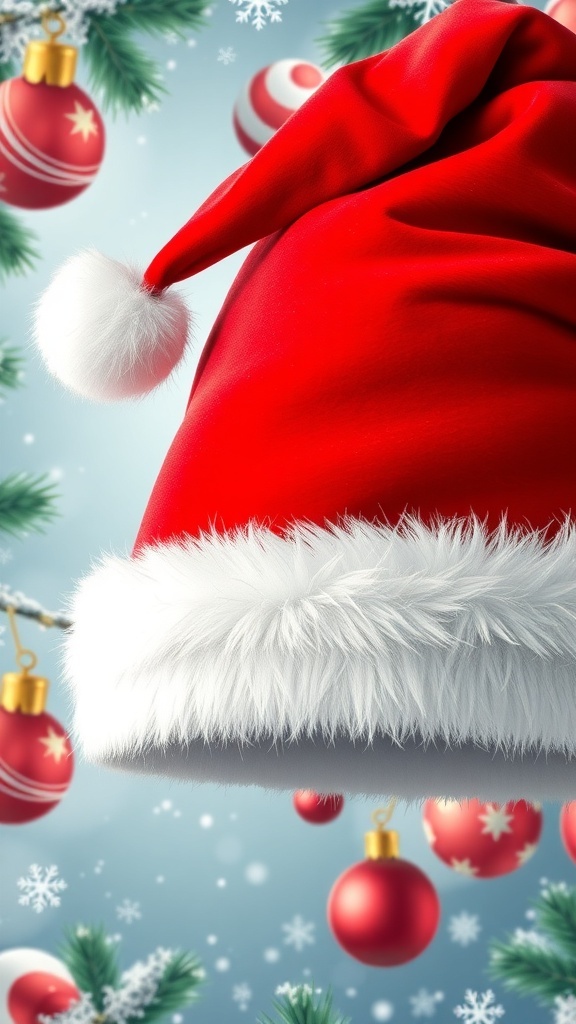 Festive wallpaper design with a Santa hat, snowflakes, and Christmas ornaments.